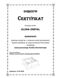 Certyfikat Autoryzowanego Punktu Serwisowego central wentyalcyjnych EkoZefir - zdjęcie