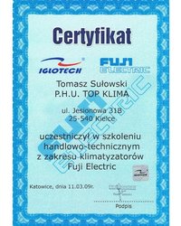 Certyfikat: szkolenie handlowo-techniczne z zakresu klimatyzatorów Fuji Electric - zdjęcie