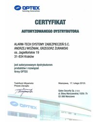 Certyfikat Autoryzowanego Dystrybutora Optex - zdjęcie