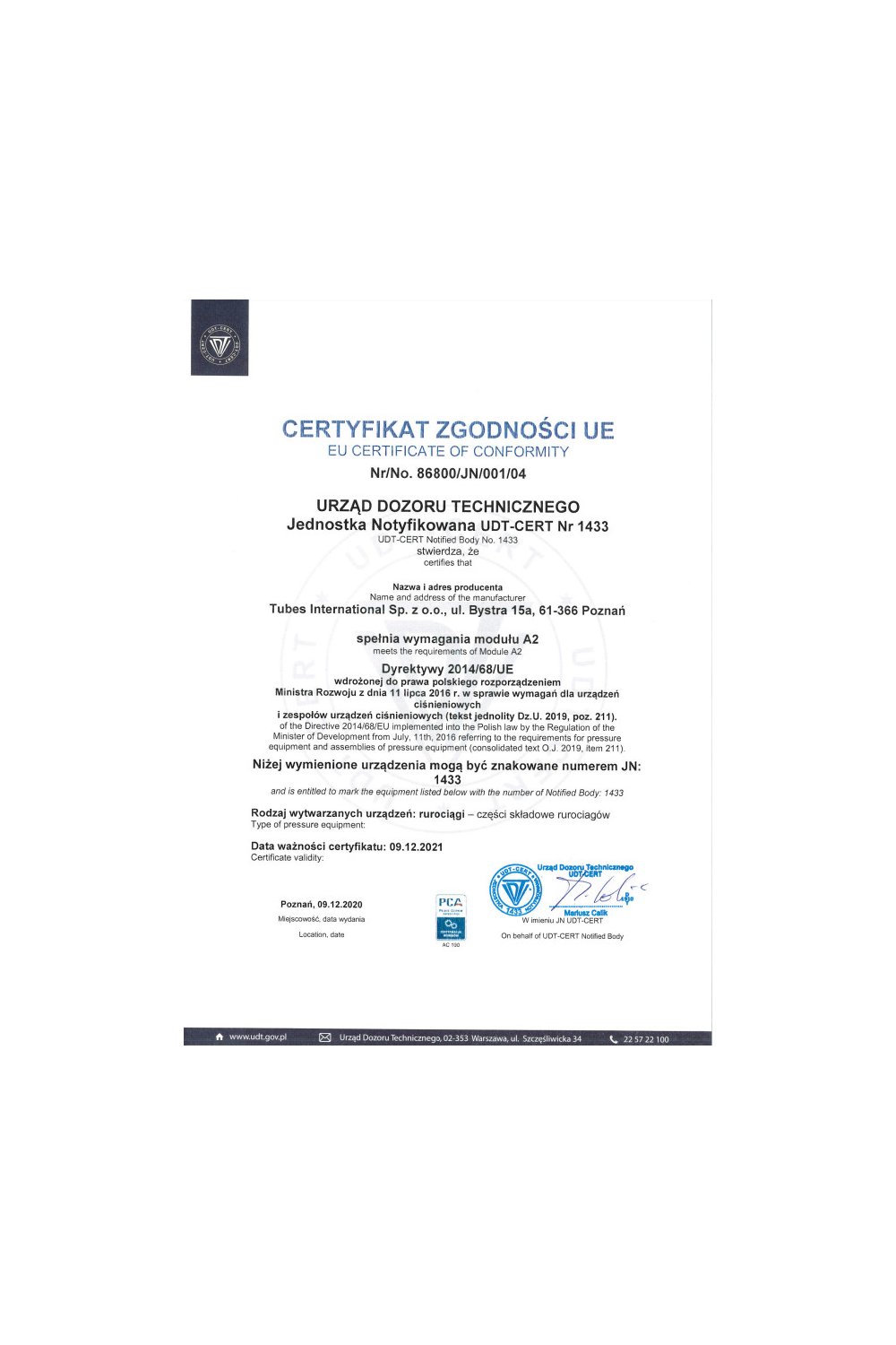 Certyfikat Zgodności UE - zdjęcie