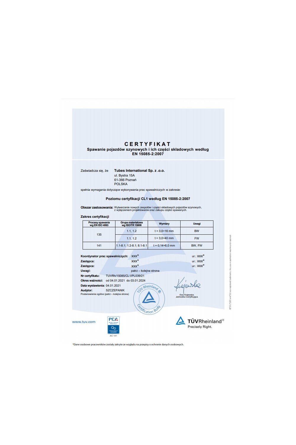 Certyfikat - Spawanie pojazdów szynowych i ich części składowych według EN 15085-2:2007 - zdjęcie