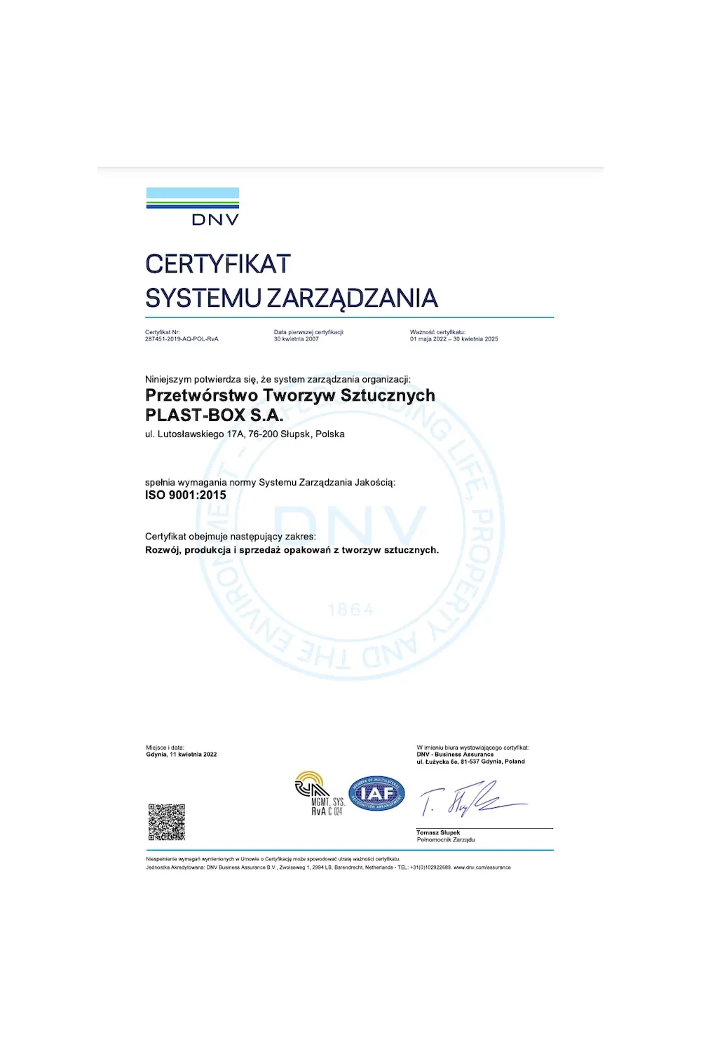 Certyfikat Jakości DIN ISO 9001:2015 - zdjęcie