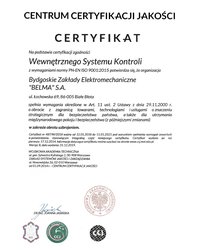 Certyfikat Wewnętrznego Systemu Kontroli (2018) - zdjęcie