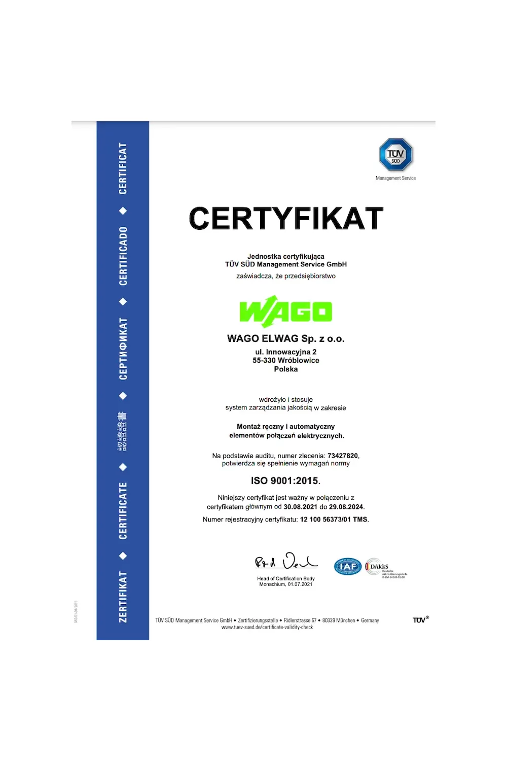 Certyfikat ISO 9001:2015 (2021) - zdjęcie