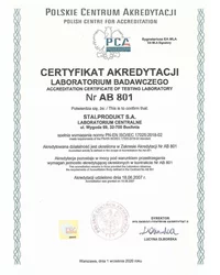 Certyfikat Akredytacji Laboratorium Badawczego AB 801 (2020) - zdjęcie