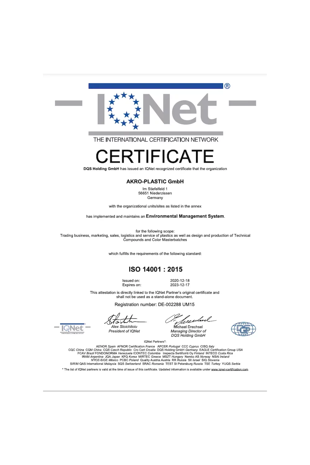Certyfikat ISO 14001:2015 IQNet - zdjęcie
