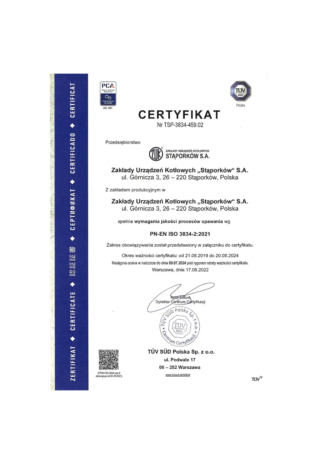 Certyfikat PN-EN ISO 3834-2:2021 - zdjęcie