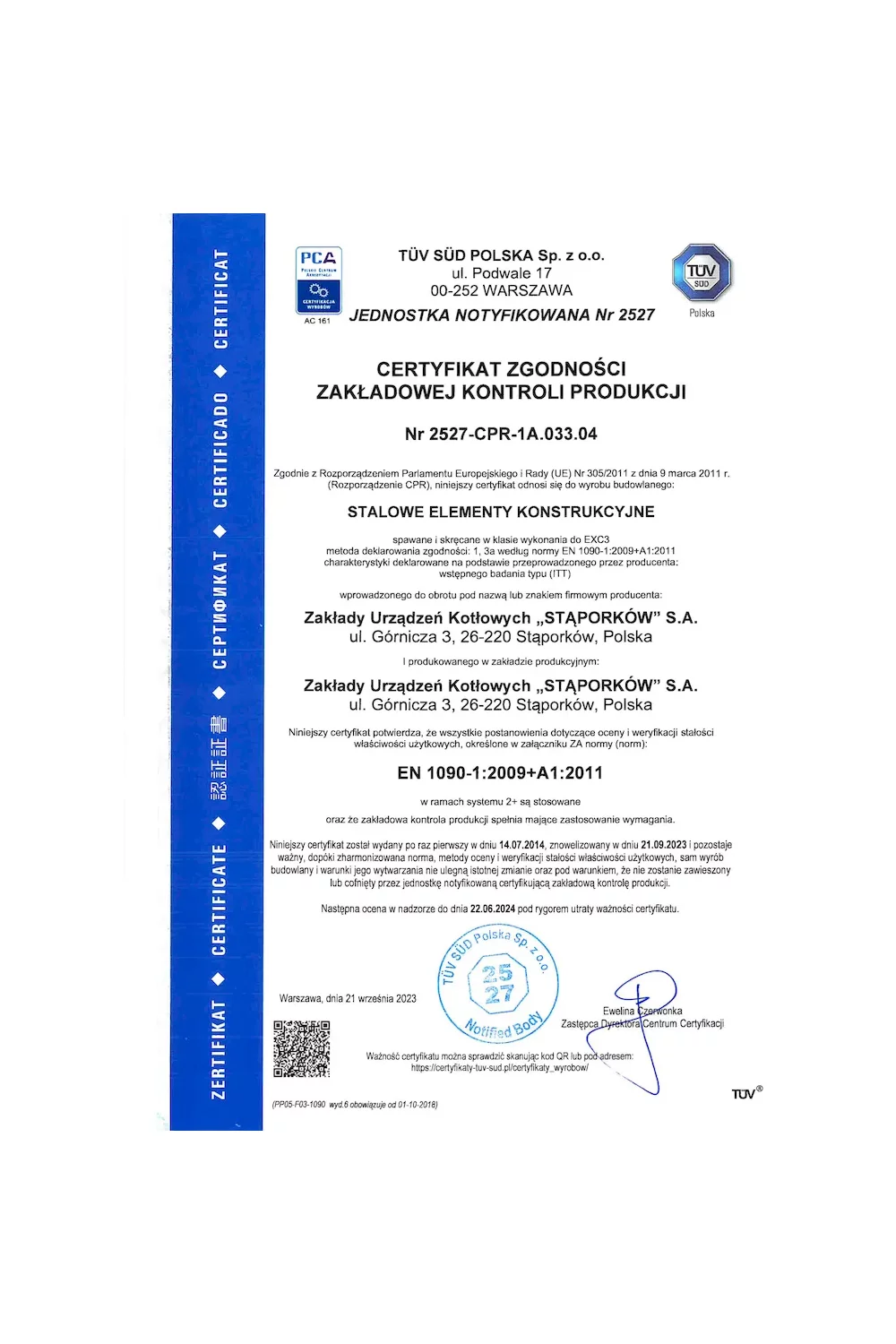 Certyfikat zgodności zakładowej kontroli produkcji EN 1090-1:2009+A1:2011 - zdjęcie