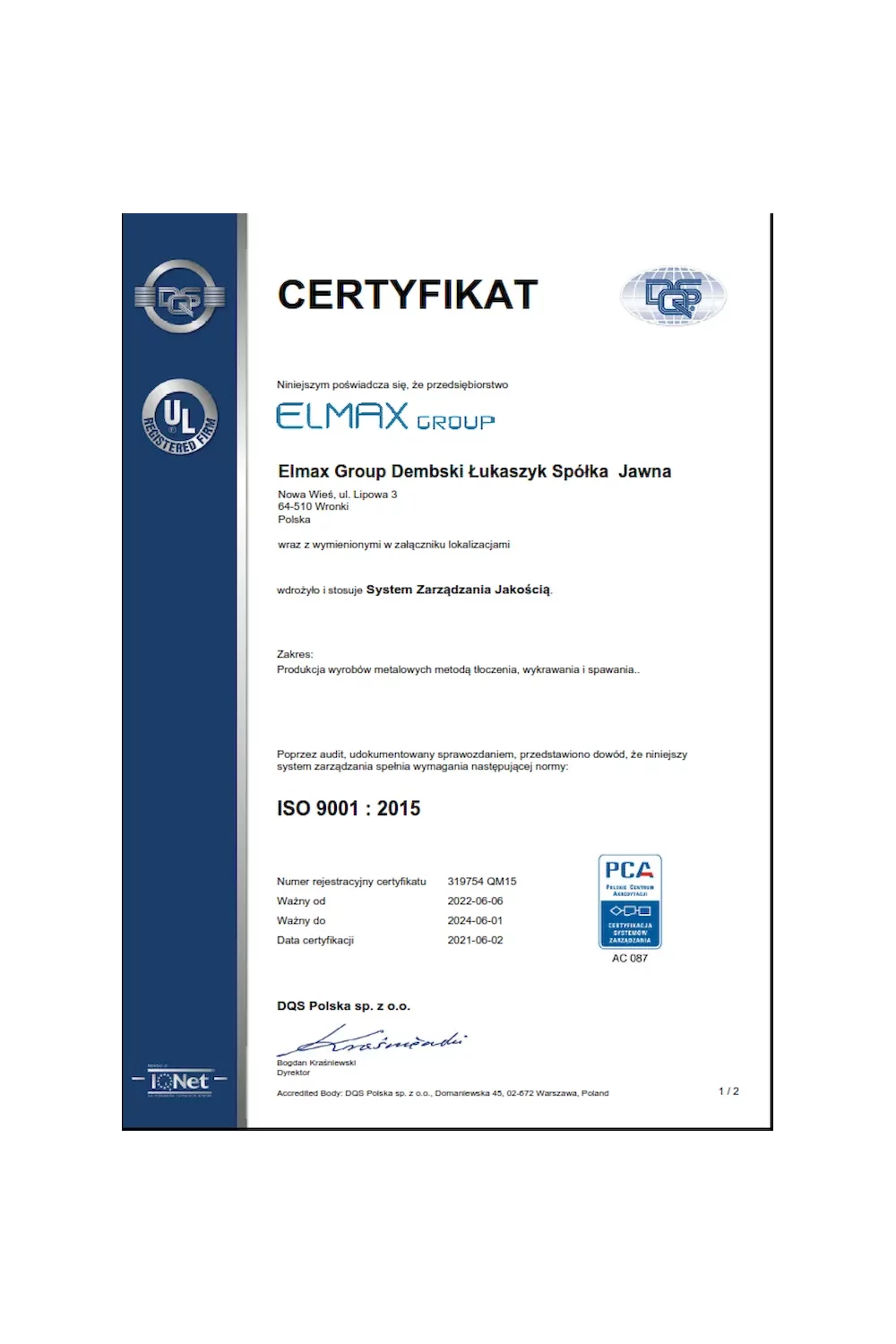 Certyfikat ISO 9001:2015 (2022) - zdjęcie