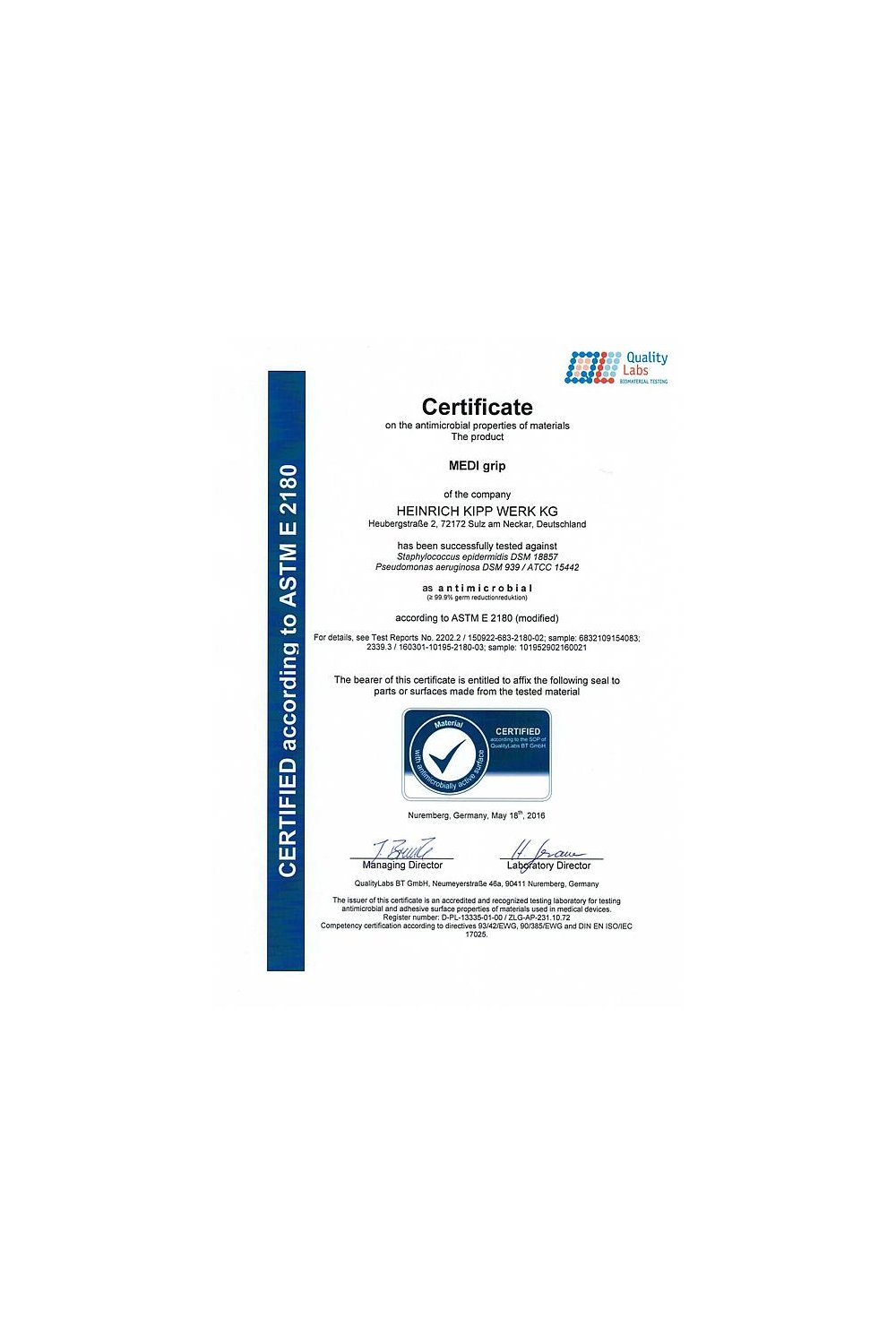 Certyfikat Quality Labs	 - zdjęcie