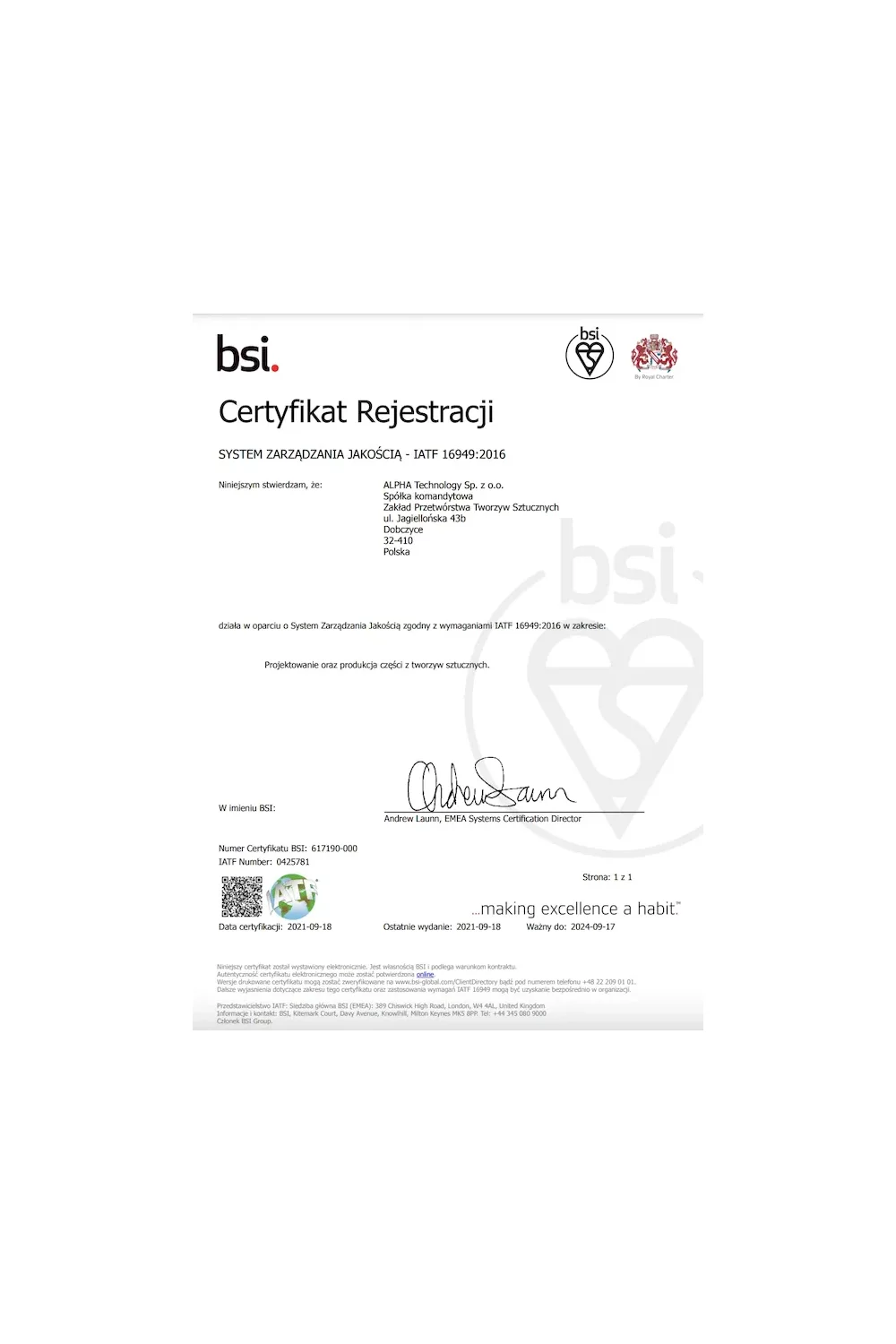 Certyfikat BSI - IATIF 16949:2016 - zdjęcie