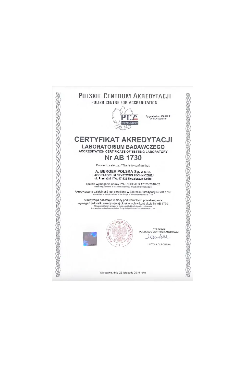 Certyfikat Akredytacji i zakres AB 1730 - zdjęcie