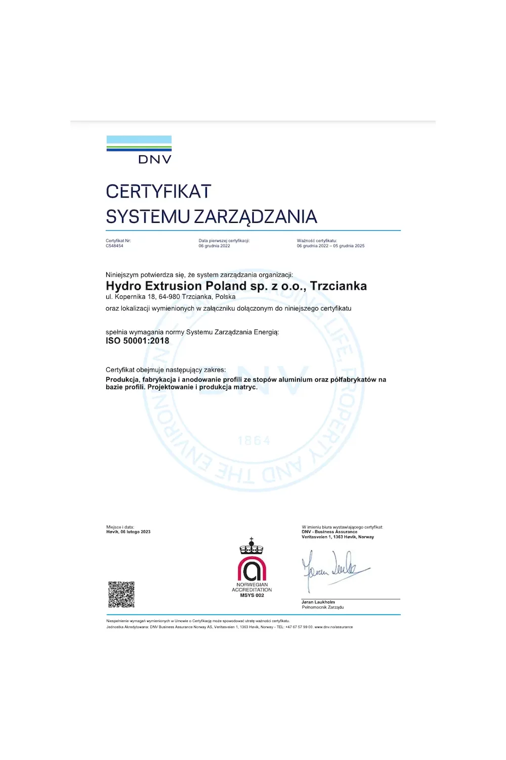 Certyfikat Systemu Zarządzania - ISO 50001:2018 - zdjęcie