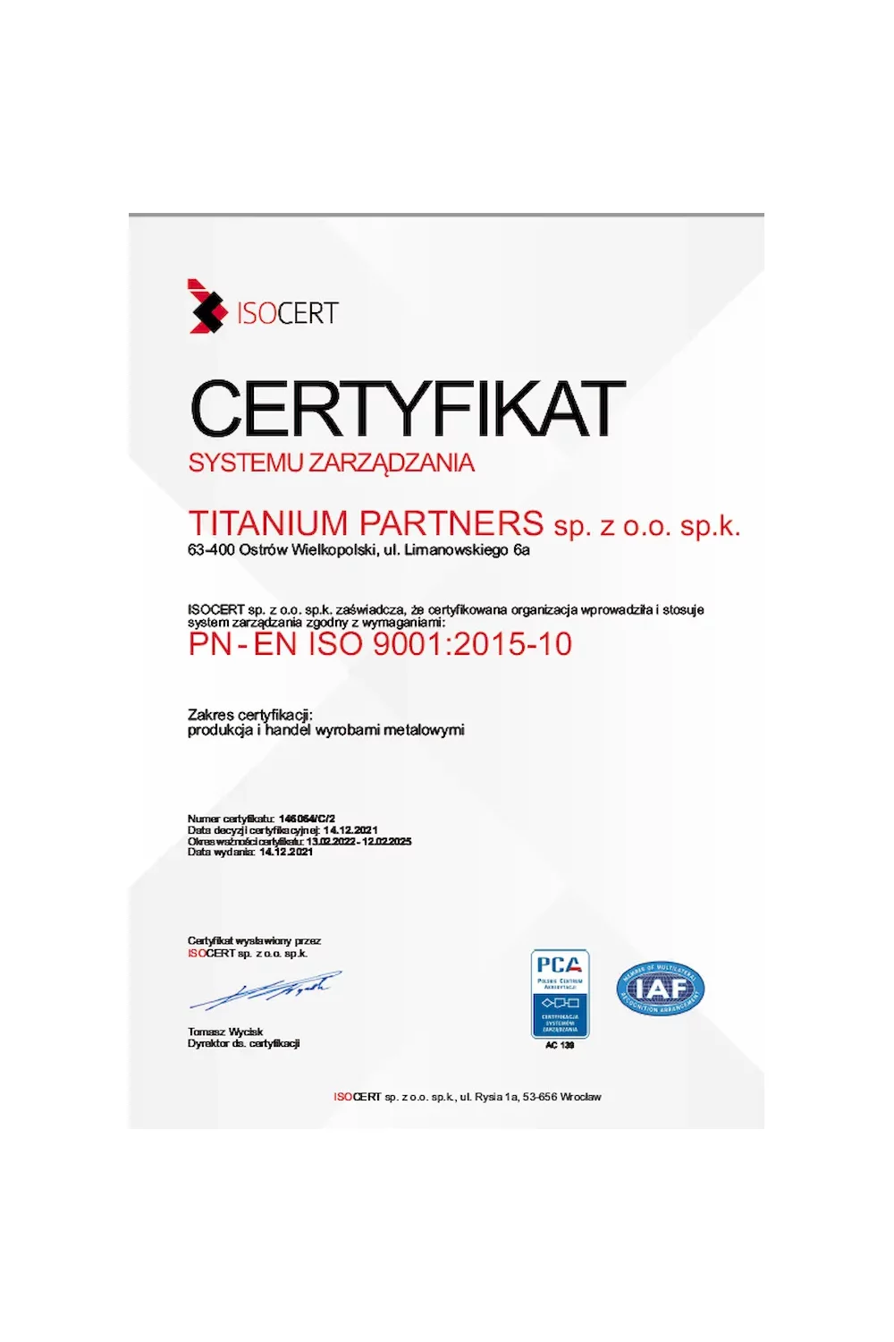 Certyfikat PN-EN ISO 9001:2015-10 - zdjęcie