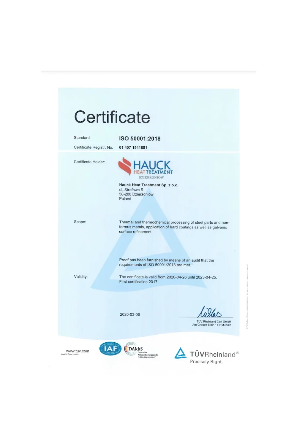 Certyfikat ISO 50001:2018 (2020) - zdjęcie
