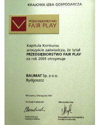 Tytuł przedsiębiorstwa FAIR PLAY 2001 przyznany przez Krajową Izbę Gospodarczą 2001r - zdjęcie