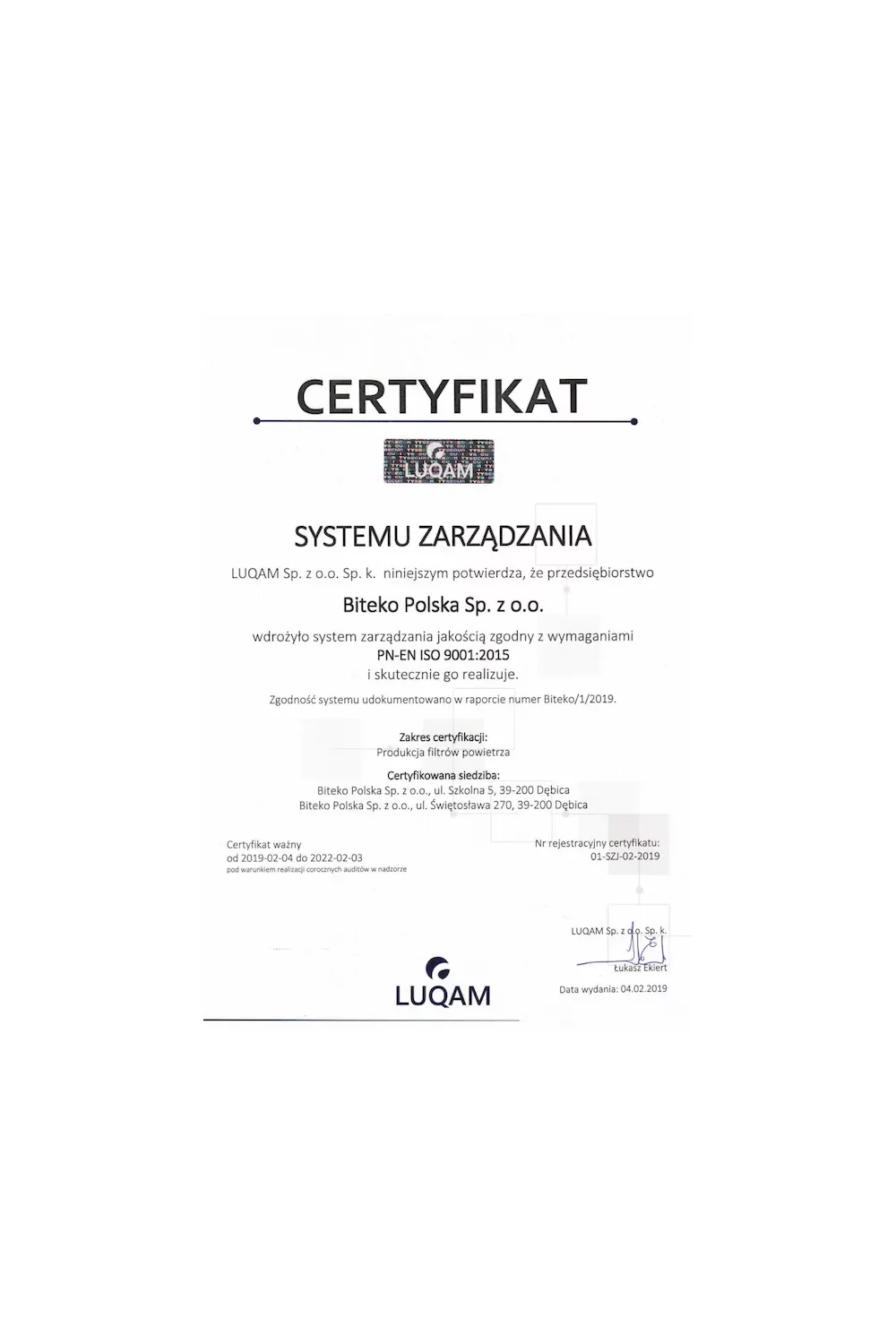 Certyfikat Systemu Zarządzania - zdjęcie