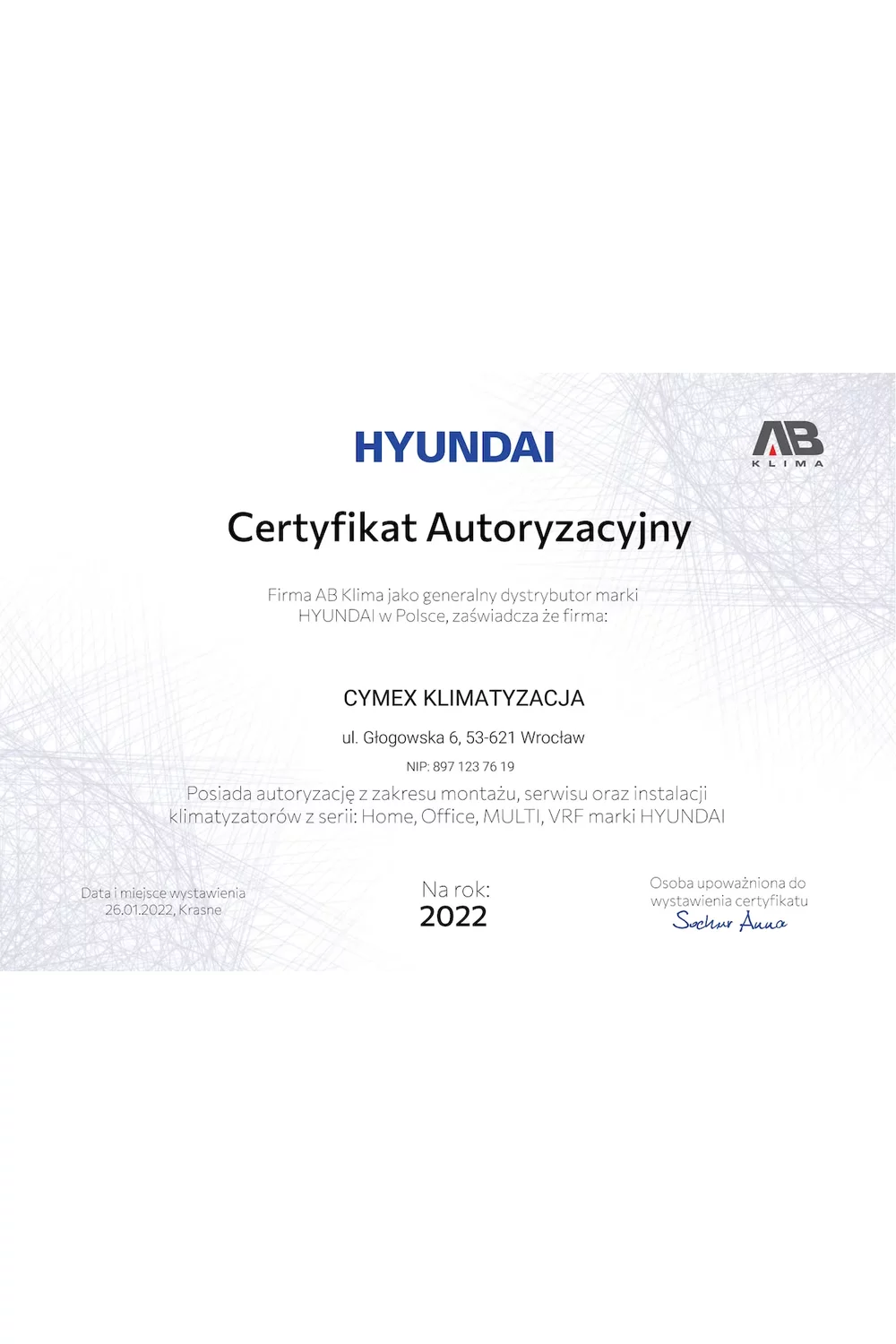 Certyfikat Autoryzacyjny HYUNDAI 2022 - zdjęcie