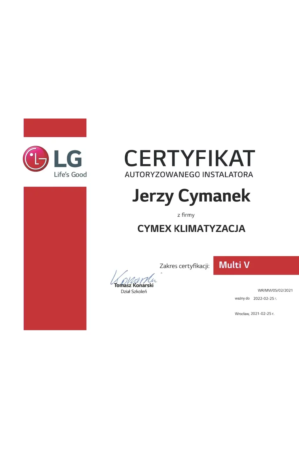 Certyfikat Autoryzowanego Instalatora LG 2021 - Multi V - zdjęcie