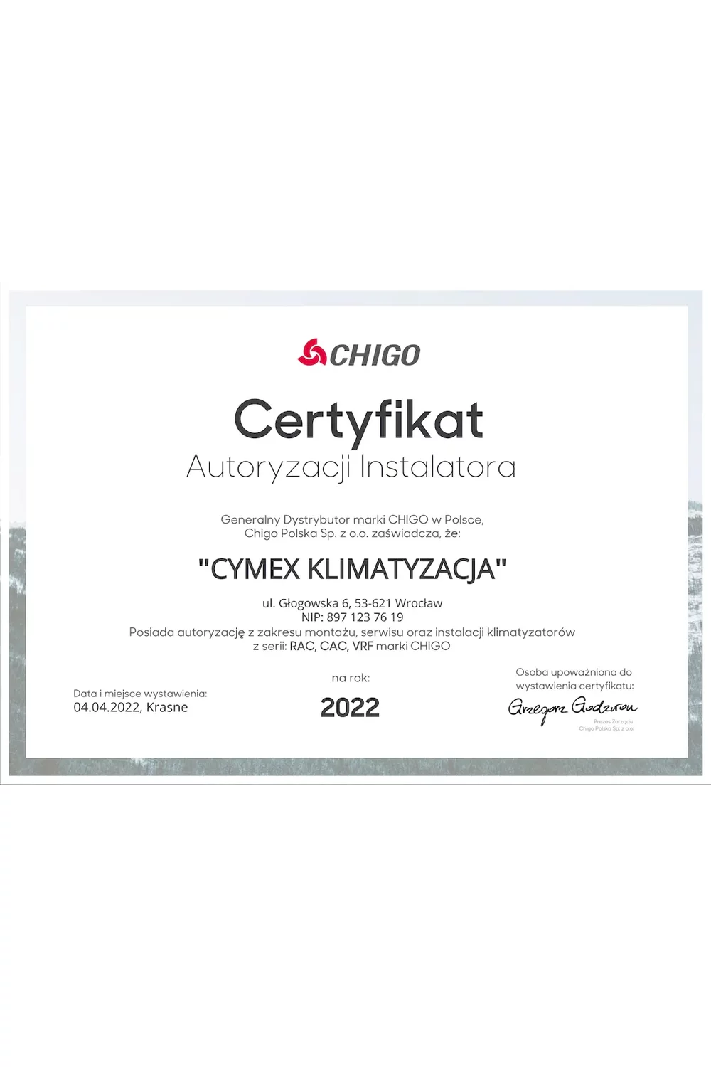 Certyfikat Chigo 2022 - zdjęcie