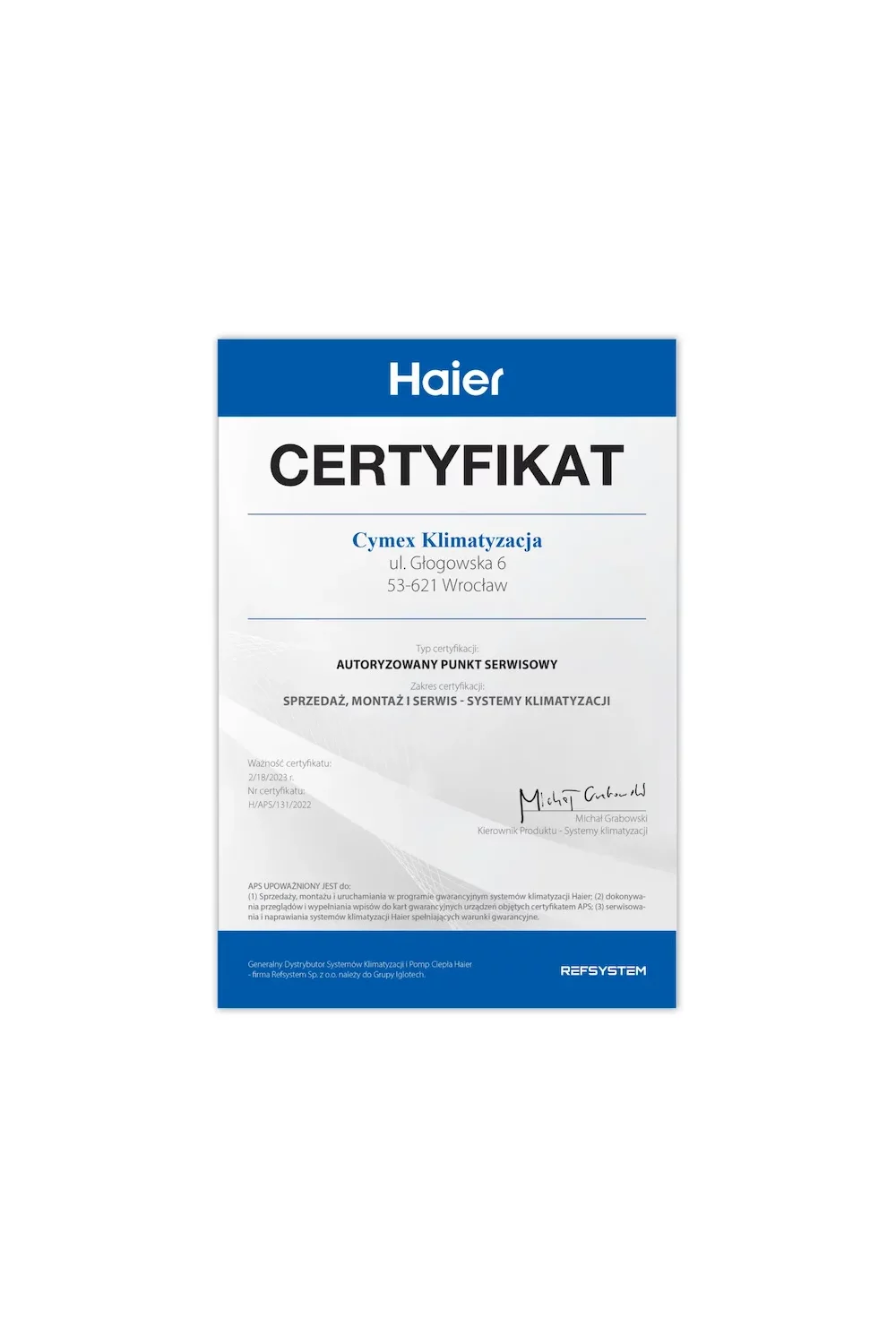 Certyfikat Haier Autoryzowany Punkt Serwisowy 2022/2023 - zdjęcie