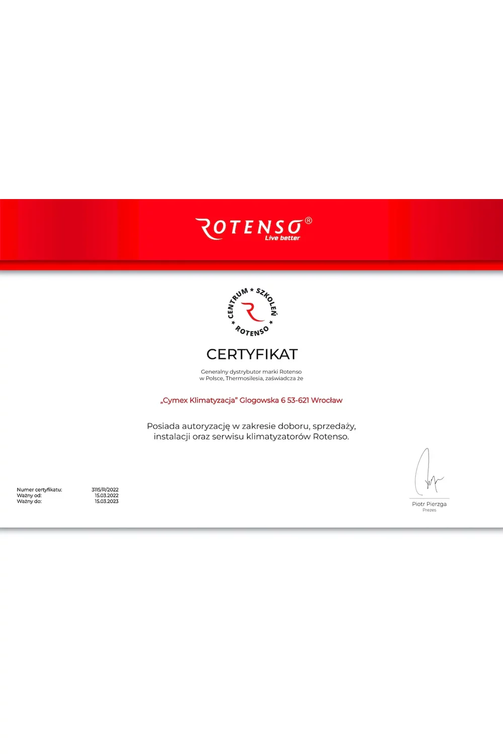 Certyfikat Rotenso 2022 - zdjęcie