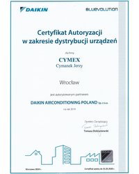Certyfikat Autoryzacji w zakresie dystrybucji urządzeń DAIKIN 2019 - zdjęcie