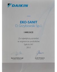 I miejsce za największą sprzedaż w segmencie produktów Split & SKY 2012 Daikin Airconditioning Poland Sp. z o.o. - zdjęcie