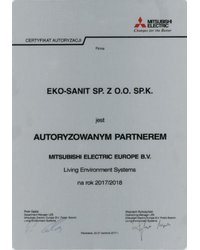 Certyfikat Autoryzacji 2017/2018 MITSUBISHI ELECTRIC - zdjęcie