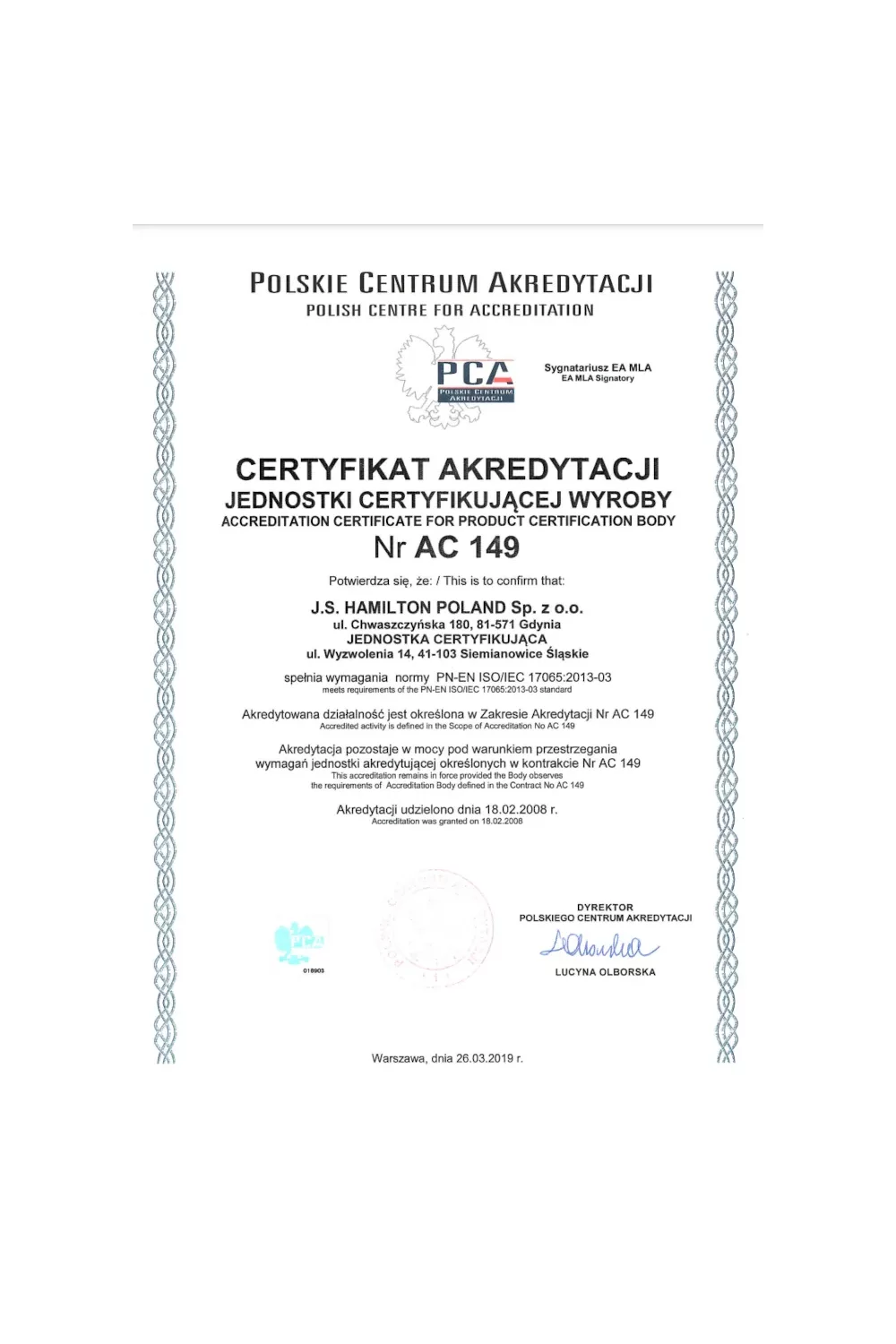Certyfikat Akredytacji Jednostki Certyfikującej Wyroby Nr AC 149 - zdjęcie