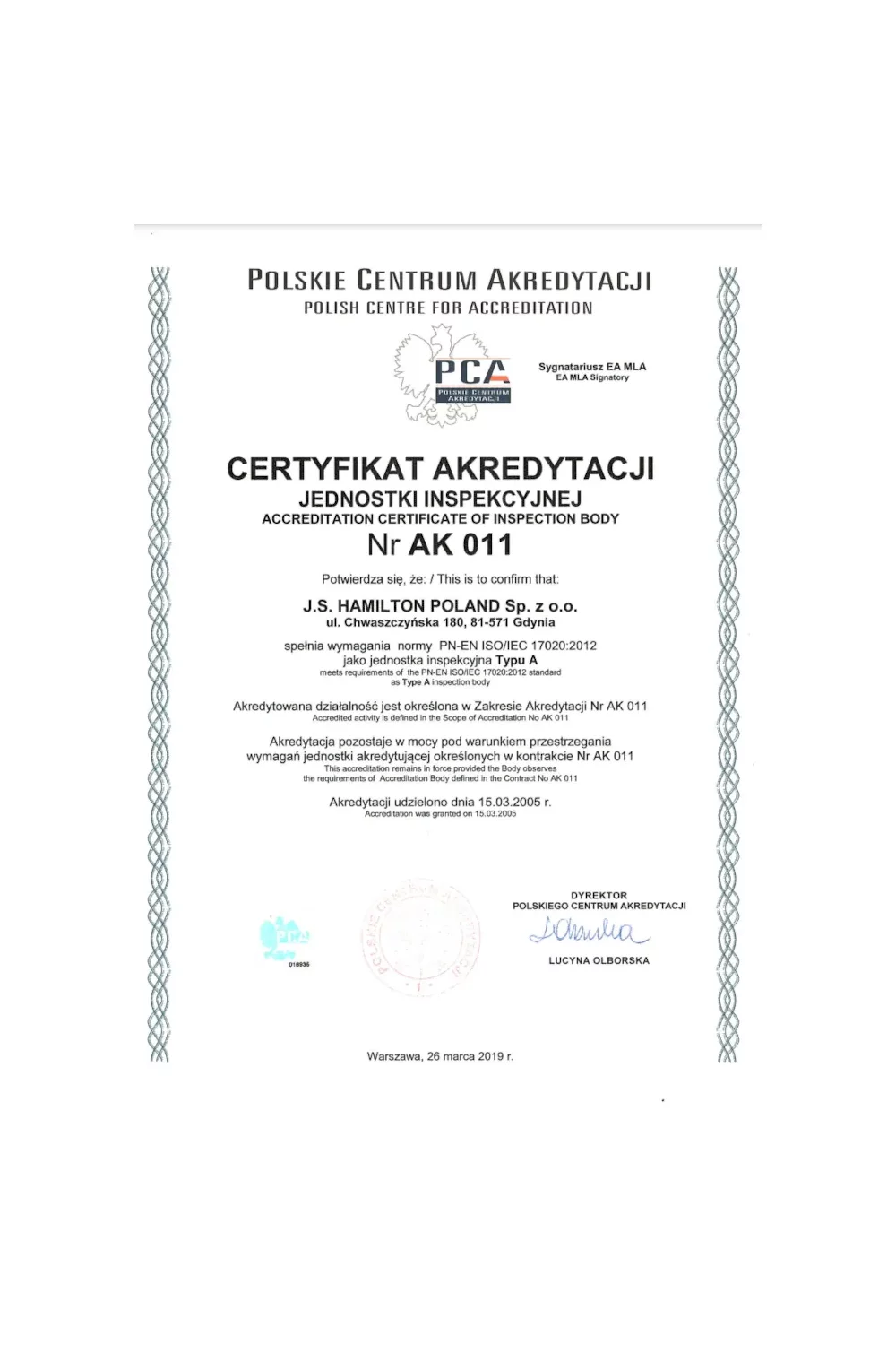 Certyfikat Akredytacji Jednostki Inspekcyjnej Nr AK 011 - zdjęcie
