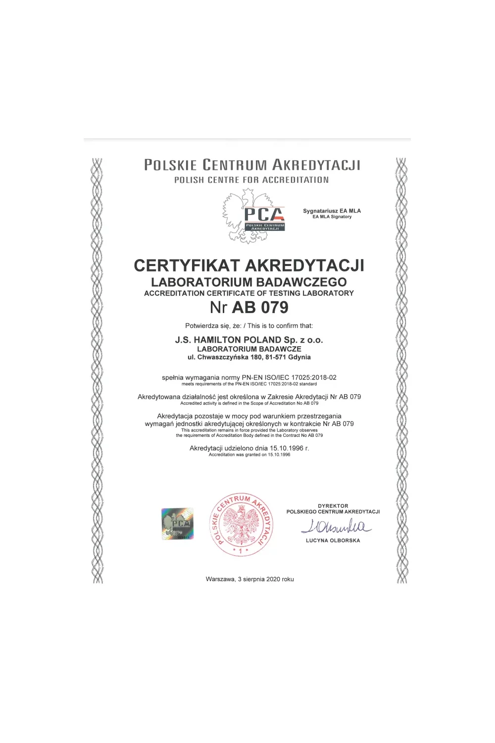 Certyfikat Akredytacji Laboratorium Badawczego Nr AB 079 - zdjęcie