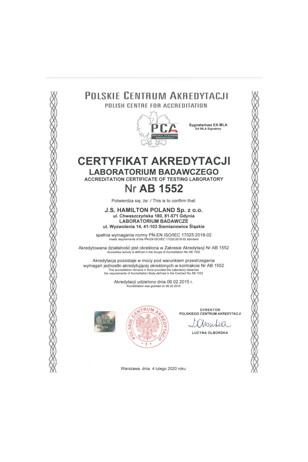 Certyfikat Akredytacji Laboratorium Badawczego Nr AB 1552 - zdjęcie