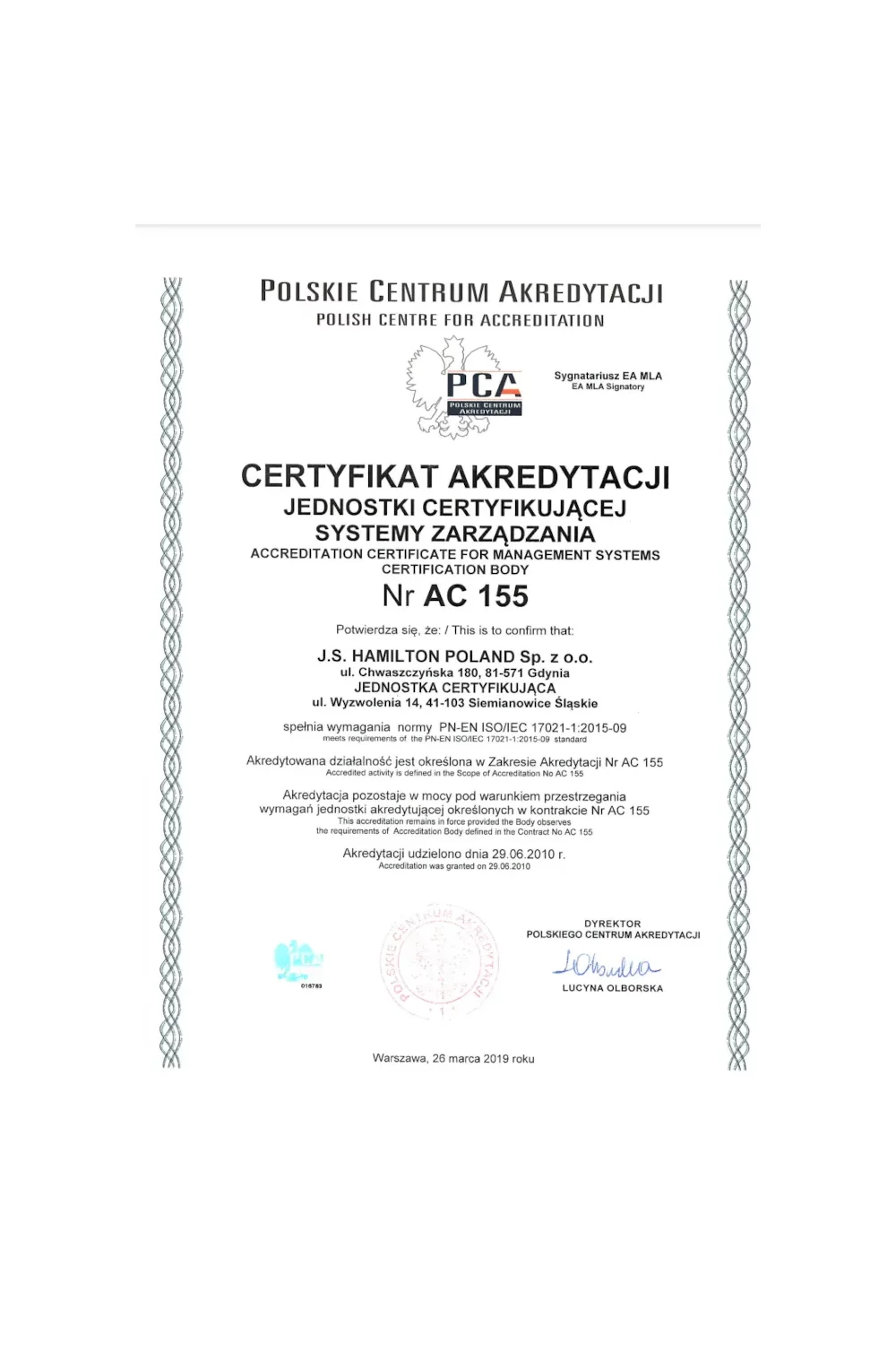 Certyfikat Akredytacji Jednostki Certyfikującej Systemy Zarządzania Nr AC 155 - zdjęcie