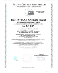 Certyfikat Akredytacji Jednostki Inspekcyjnej Nr AK 011 - zdjęcie