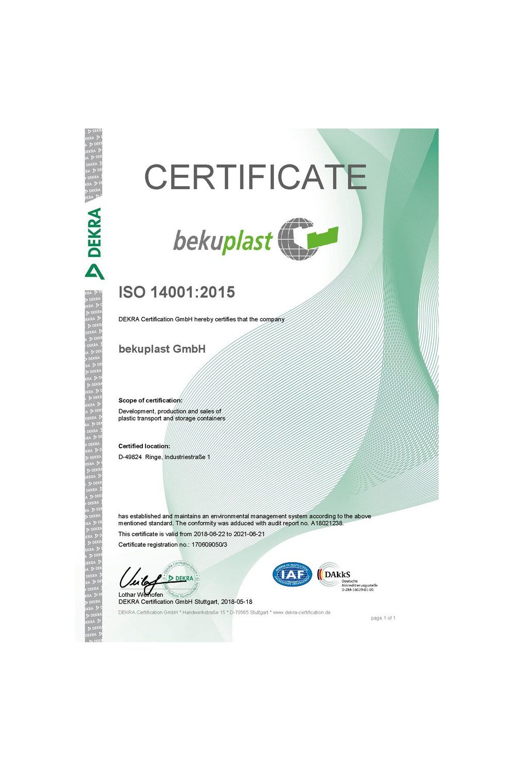 Certyfikat ISO 14001:2015 (2018) - zdjęcie