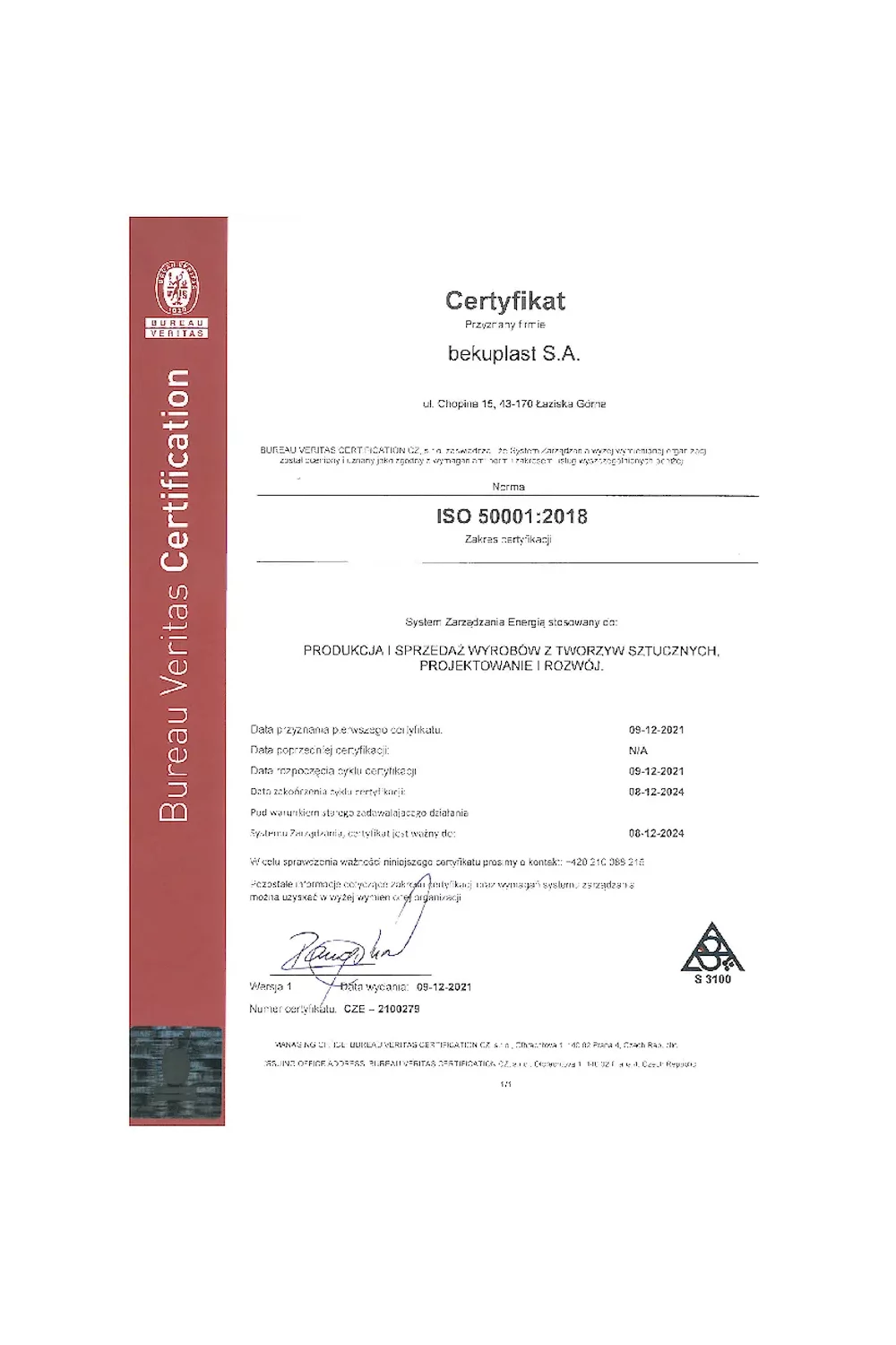 Certyfikat ISO 50001:2018 (2021) - zdjęcie