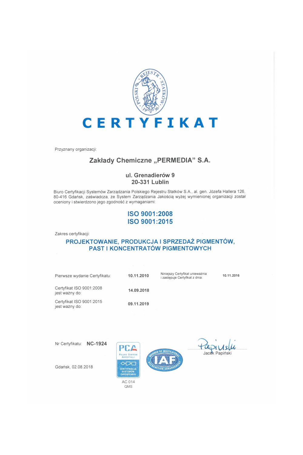 Certyfikat ISO 9001:2008 - zdjęcie