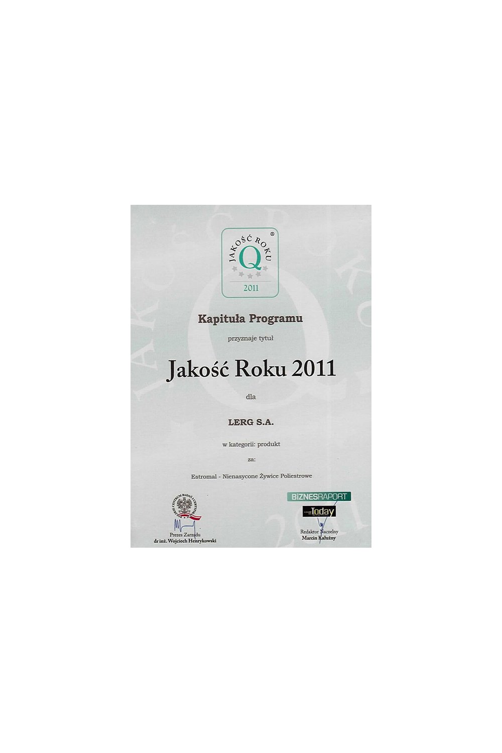 Certyfikat Jakość Roku 2011 - zdjęcie