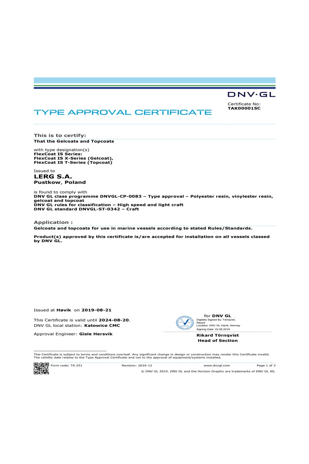 Certyfikat DNV-GL Żelkoty, topkoty - zdjęcie