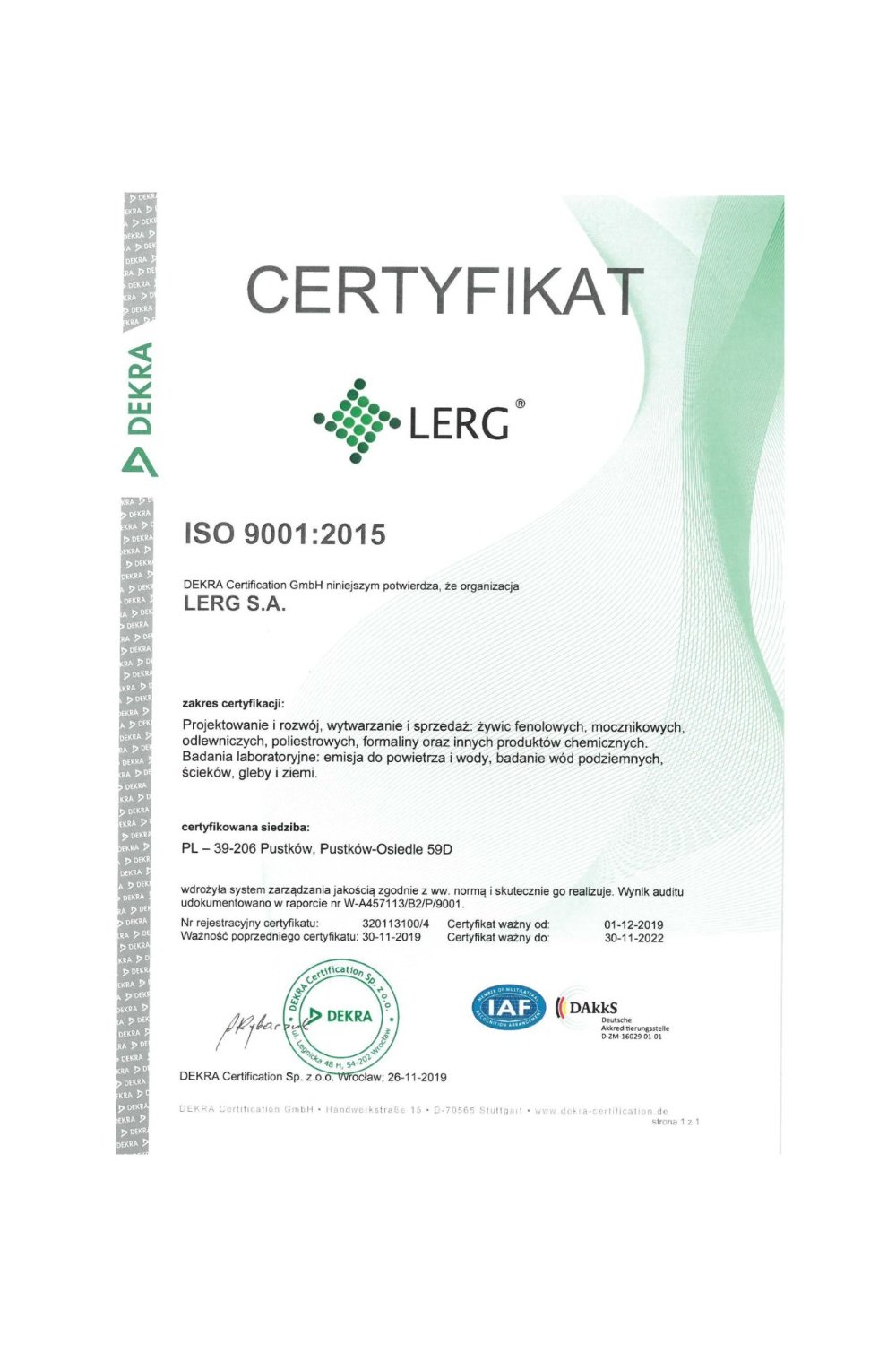 Certyfikat DEKRA - zdjęcie