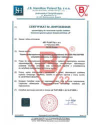 Certyfikat Nr JSHP/34/B/2020 - znak B (2020) - zdjęcie