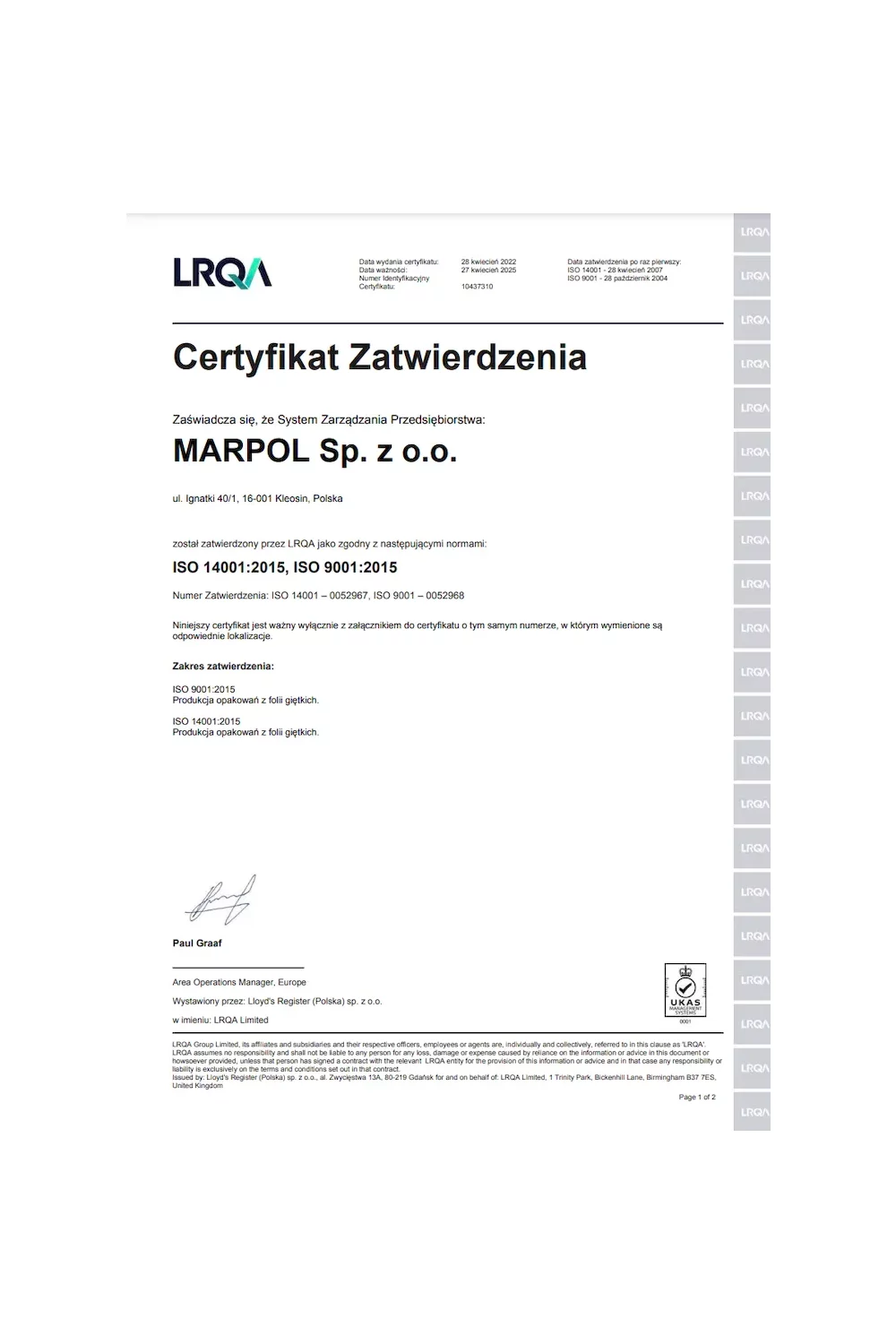 Certyfikat Zatwierdzenia ISO 14001:2015, ISO 9001:2015 - zdjęcie