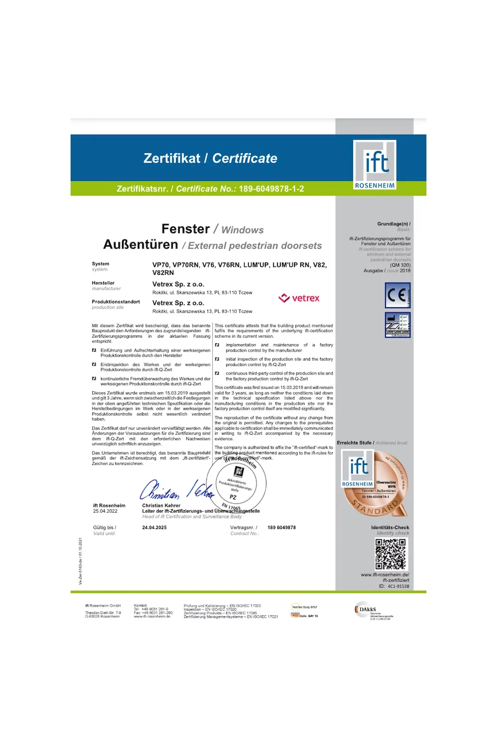 Certyfikat IFT Rosenheim – Softline, Efectline, Perfectline - zdjęcie