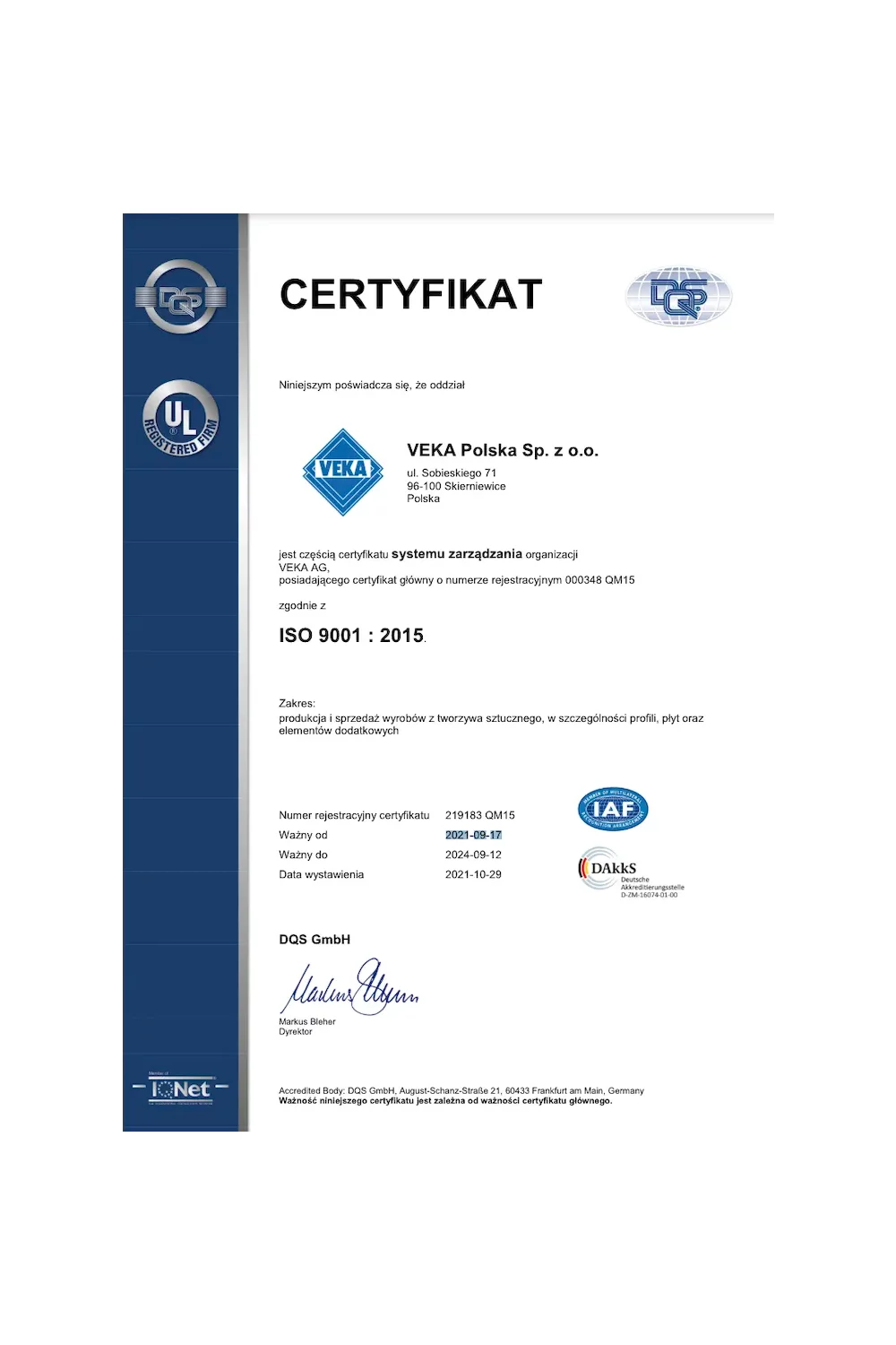 Certyfikat jakości VEKA - zdjęcie