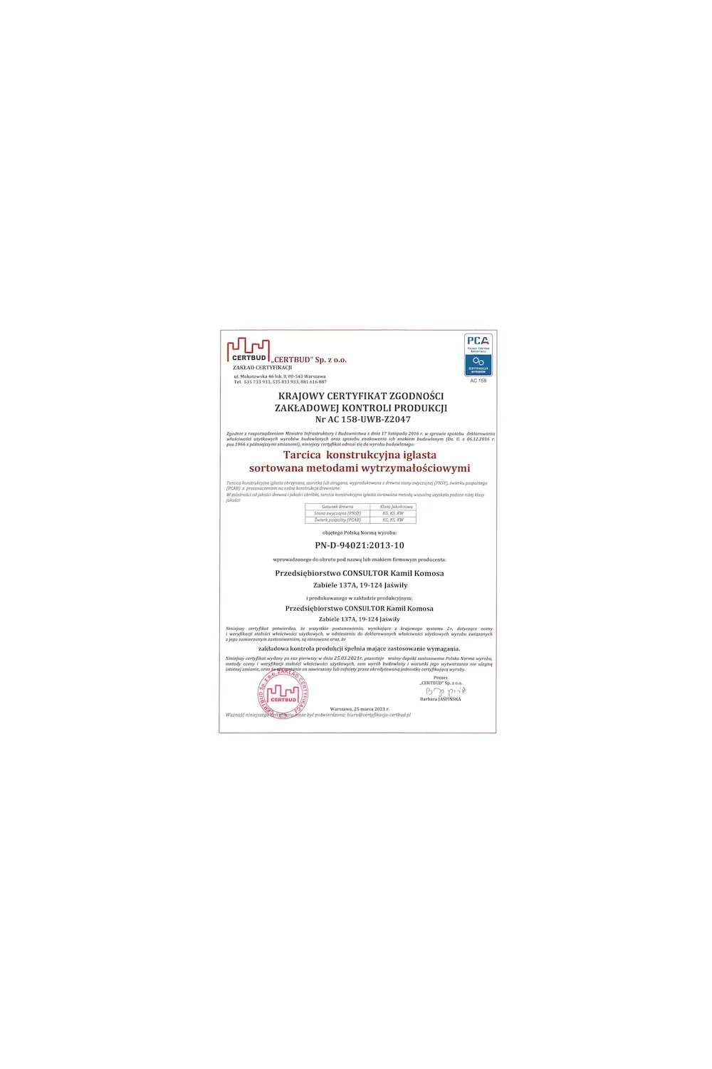Krajowy Certyfikat Zgodności zakładowej kontroli produkcji Nr AC 158-UB-Z2047 - zdjęcie