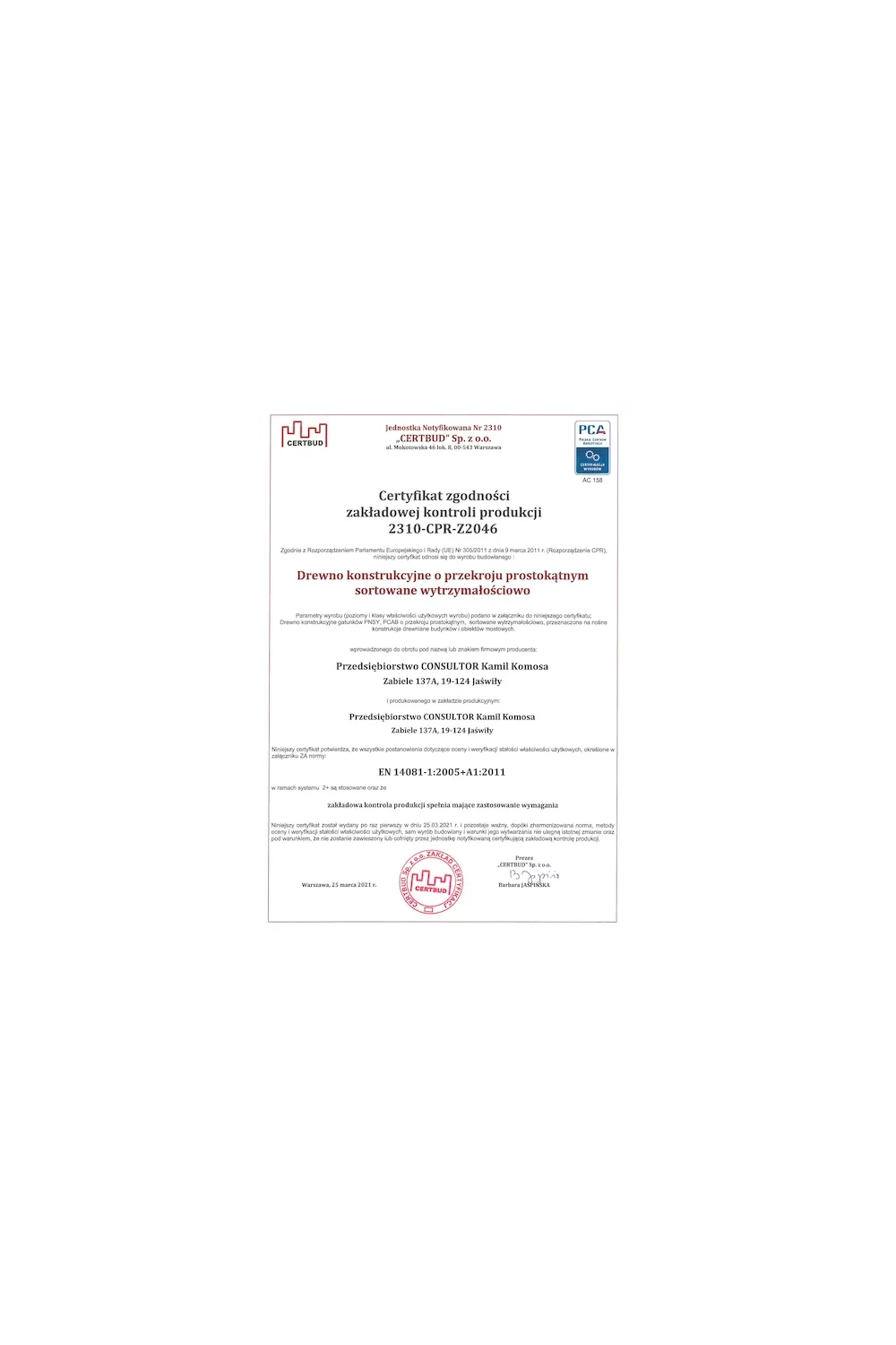 Certyfikat zgodności zakładowej kontroli produkcji 2310-CPR-Z2046 - zdjęcie