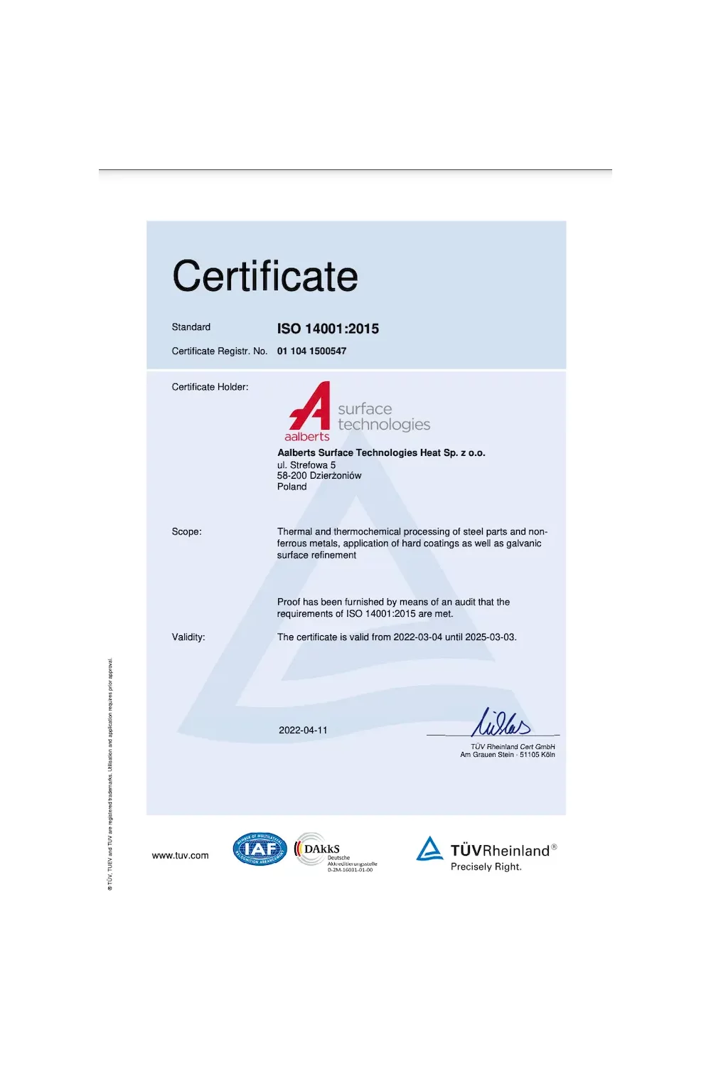 Certyfikat   ISO 14001: 2015 - zdjęcie
