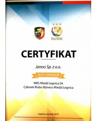 Certyfikat - Złoty Sponsor - MKS Miedź Legnica SA - zdjęcie