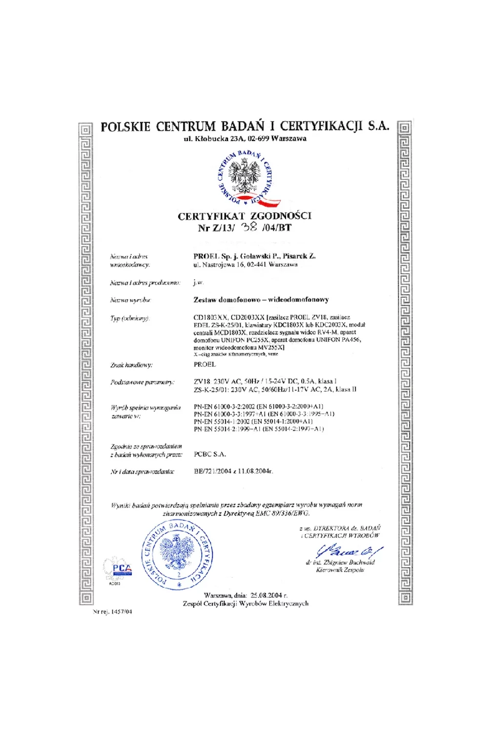 Certyfikat - Polskie Centrum Badań i Certyfikacji S.A. - zdjęcie